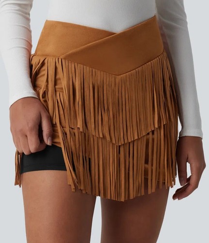 Halara M Crossover High Waisted 2-in-1 Fringe Hem Bodycon Mini Suede Party Skirt - Picture 4 of 6