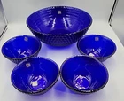 Vintage Blenko Glass 5 Piece 943L & 934S Hobnail Glimmer bowl set in Cobalt