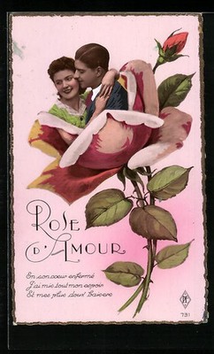 Ansichtskarte Liebespaar in Rose, Rose d´Amour, Fotomontage 