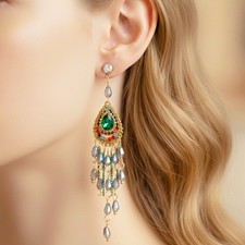 Earrings Chandelier Boho Emerald Green Crystal Beaded Dangle Gold Statement Gift