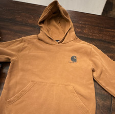 Carhartt Boys Brown Fleece Pullover Hoodie Long Sleeve Logo Pockets Size 14-16