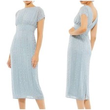 Mac Duggal NWT Blue Beaded Cap Sleeve Empire Waist Sheath Midi Dress Size 2 Flaw