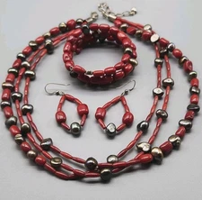 Sterling Jay King Set Coral Pearl DTR DRT Earrings Bracelet Necklace 925 Silver