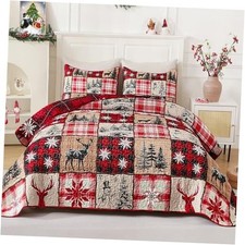 3 Pieces Christmas Quilt King Size, Red Plaid King 106"x96" Red and Yellow