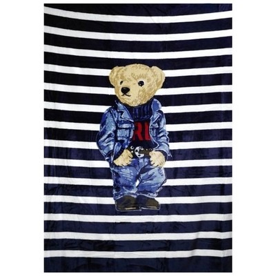 NWT POLO Ralph Lauren Navy White STRIPED RL DENIM BEAR 50” X 70