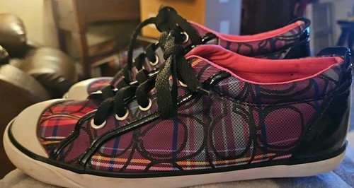 Coach Barrett Black And Pink Plaid Patterned Sneakers Women's Size 7B