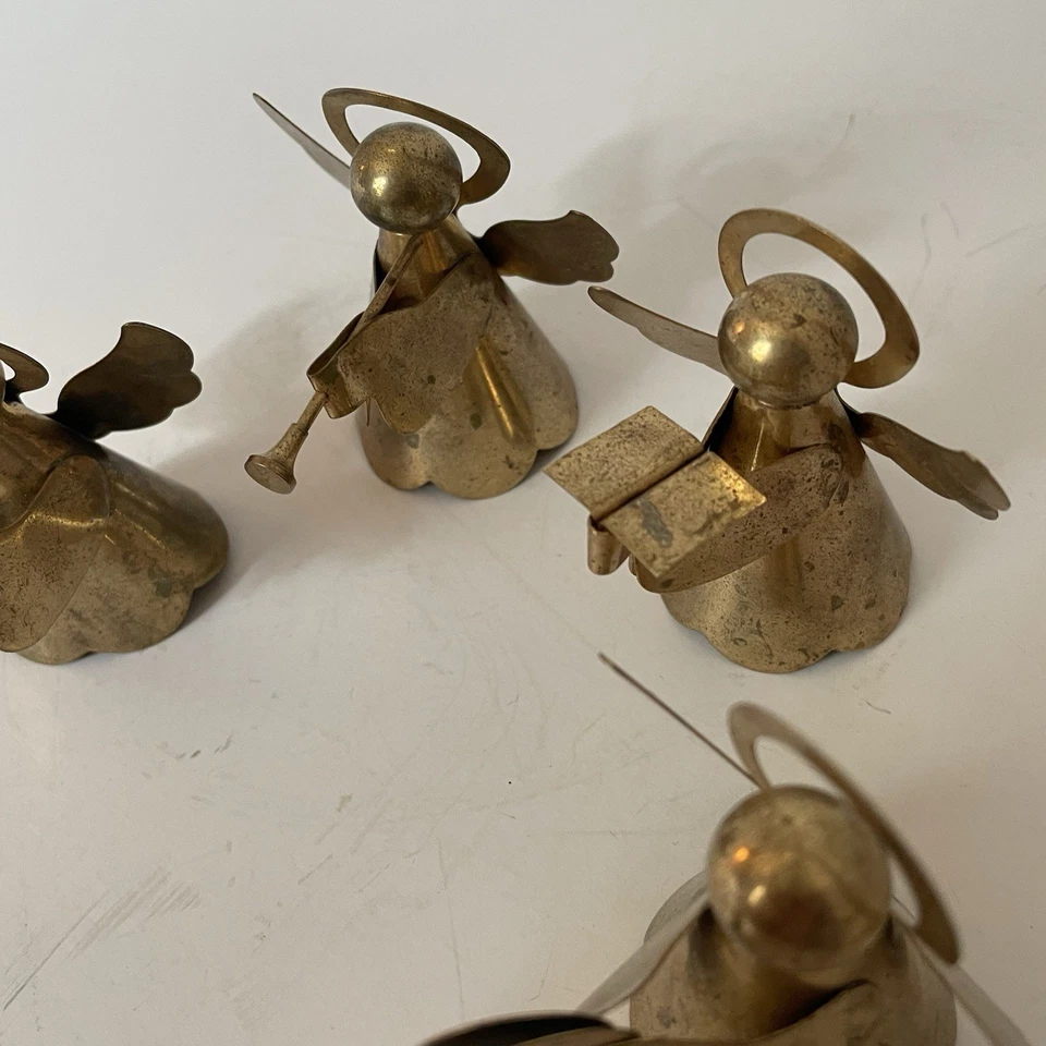 Vintage Brass Christmas Angels Cute Mini Figures Set Of 4 Holiday Decor - Image 3 of 4