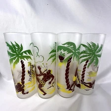 4 Federal Glass Tumblers Frosted Caveman Tom Collins Tiki Bar MCM 1950s VTG 14oz