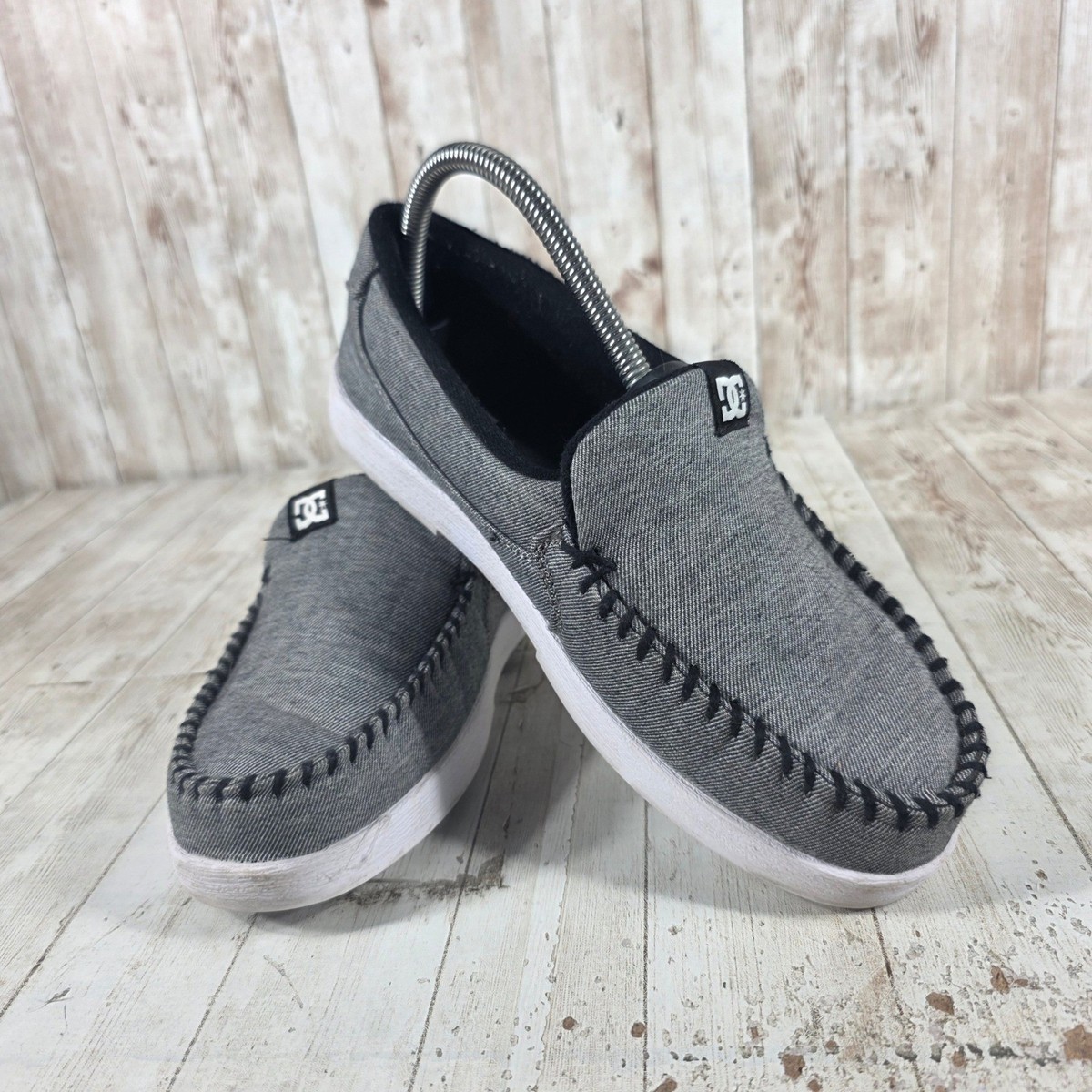 DC Men’s Gray Checker Slip-On Moccasin Loafers DC Shoes Mens Grey Canvas Slip On Loafers Whipstitch Moc Toe  main image 3