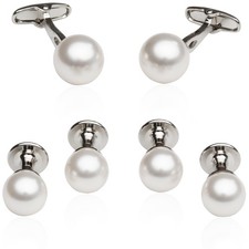 Mens White Simulated Pearl Formal Set Cufflinks and Studs with Presentation G...