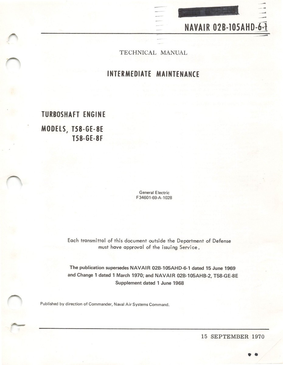 T58-8 Turboshaft Aircraft Engine 1970 Intermediate Maintenance