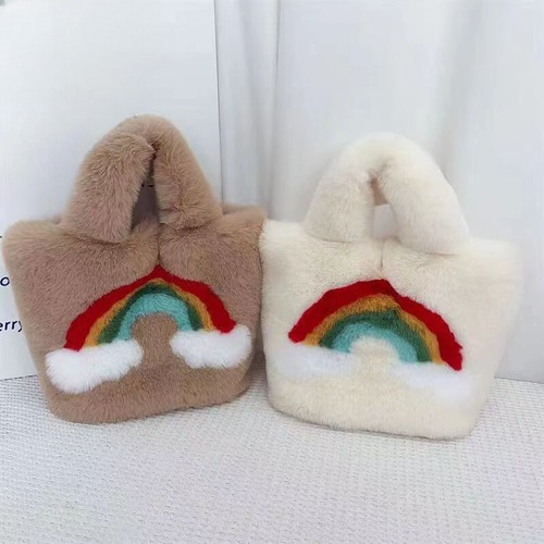 Damen Kunstfell Schultertasche Handtasche Beuteltasche Mini Fell Flauschig Kette Regenbogen - Bild 2 von 17