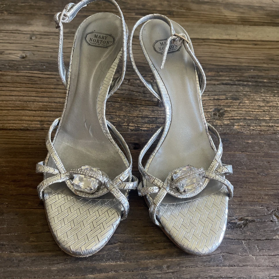 MARY NORTON Metallic Silver Crystal Jeweled Pump Sling back Heel Pump 7.5 37.5 - Image 2 of 4