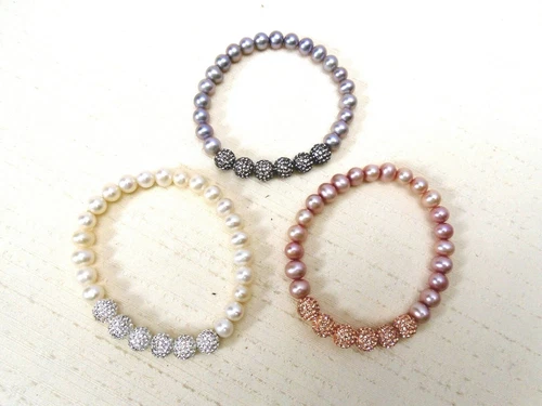 Lot 3 Stretch Bracelet Genuine Pearls Pink White & Grey + Matching Crystal Bead