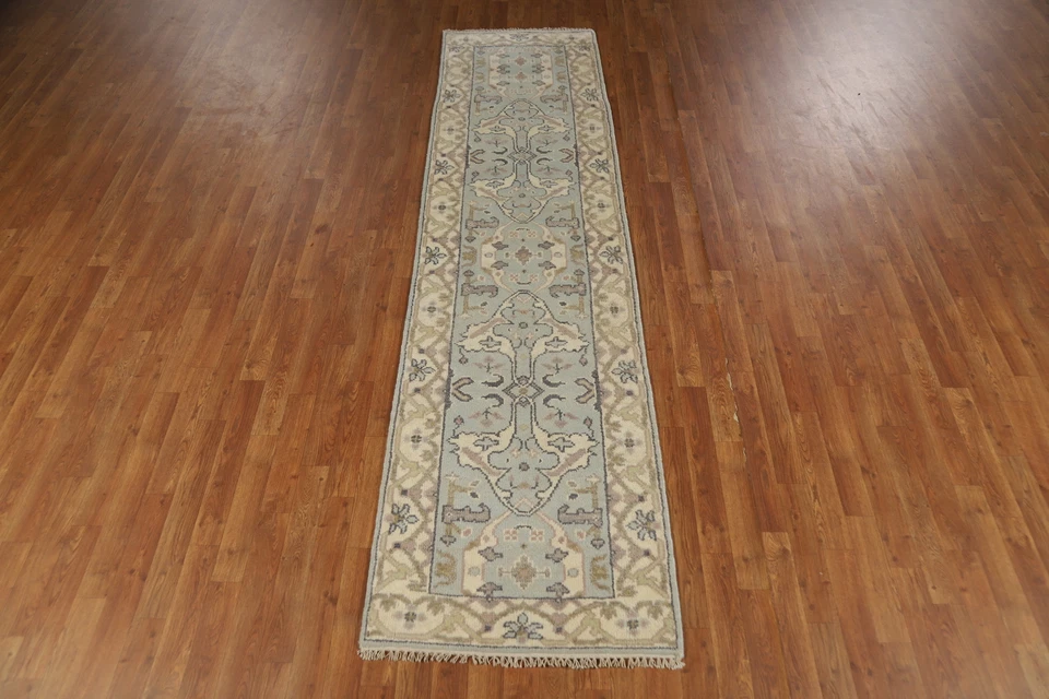 Bohemian Oushak Indian Runner Rug Hand-Knotted Blue Color 3x10 ft - Image 3 of 4