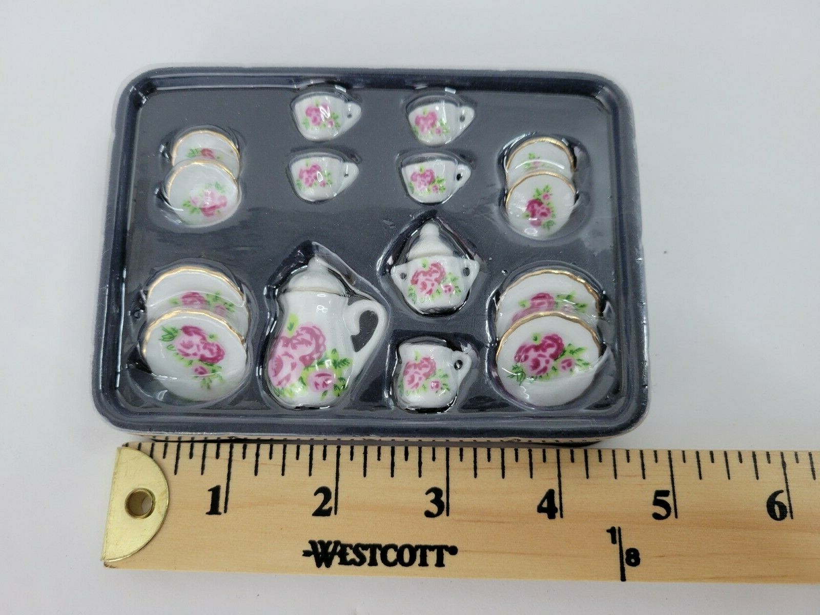 Miniature Dolls House Accessories 17 Piece Tea & Coffee Pink Gold Trim