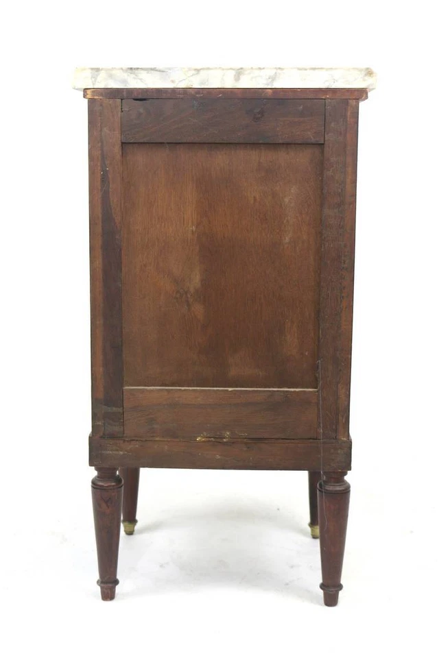 Mesita de noche de gabinete francés fino del siglo XIX olmo burl floral marquetería superior de mármol Foto 3 de 4