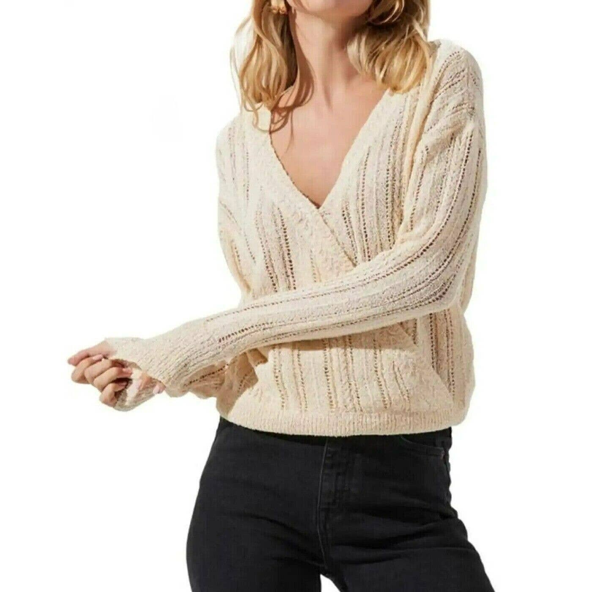 ASTR The Label Faux Wrap Pointelle Ribbed Open Knit Sweater V-Neck