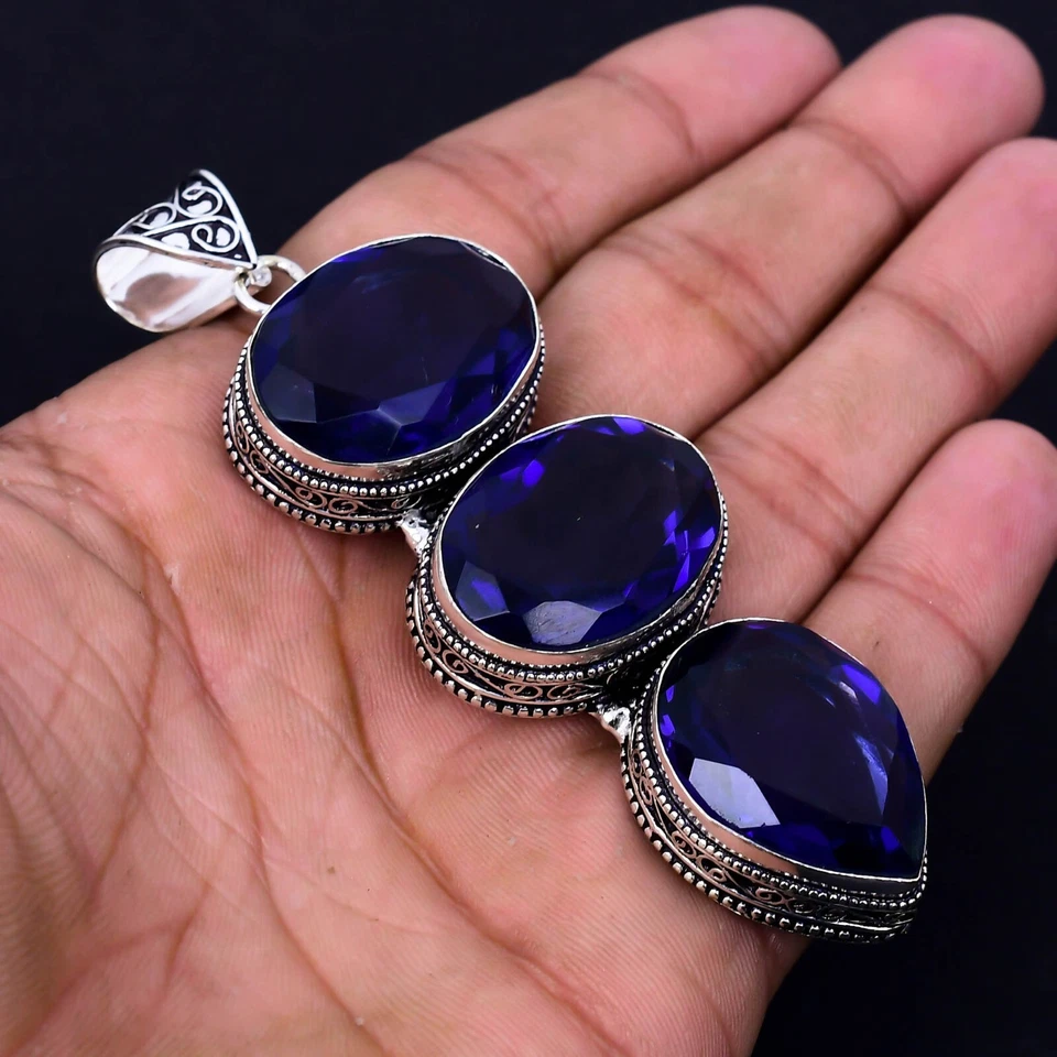 Zaffiro Blu Gemma Fatto a Mano 925 Pendente Argento Sterling Per Love Regali - Immagine 4 di 4