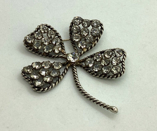 Sterling Silver Four-Leaf Clover Brooch Pin Faceted Crystal Rhinestones Vintage