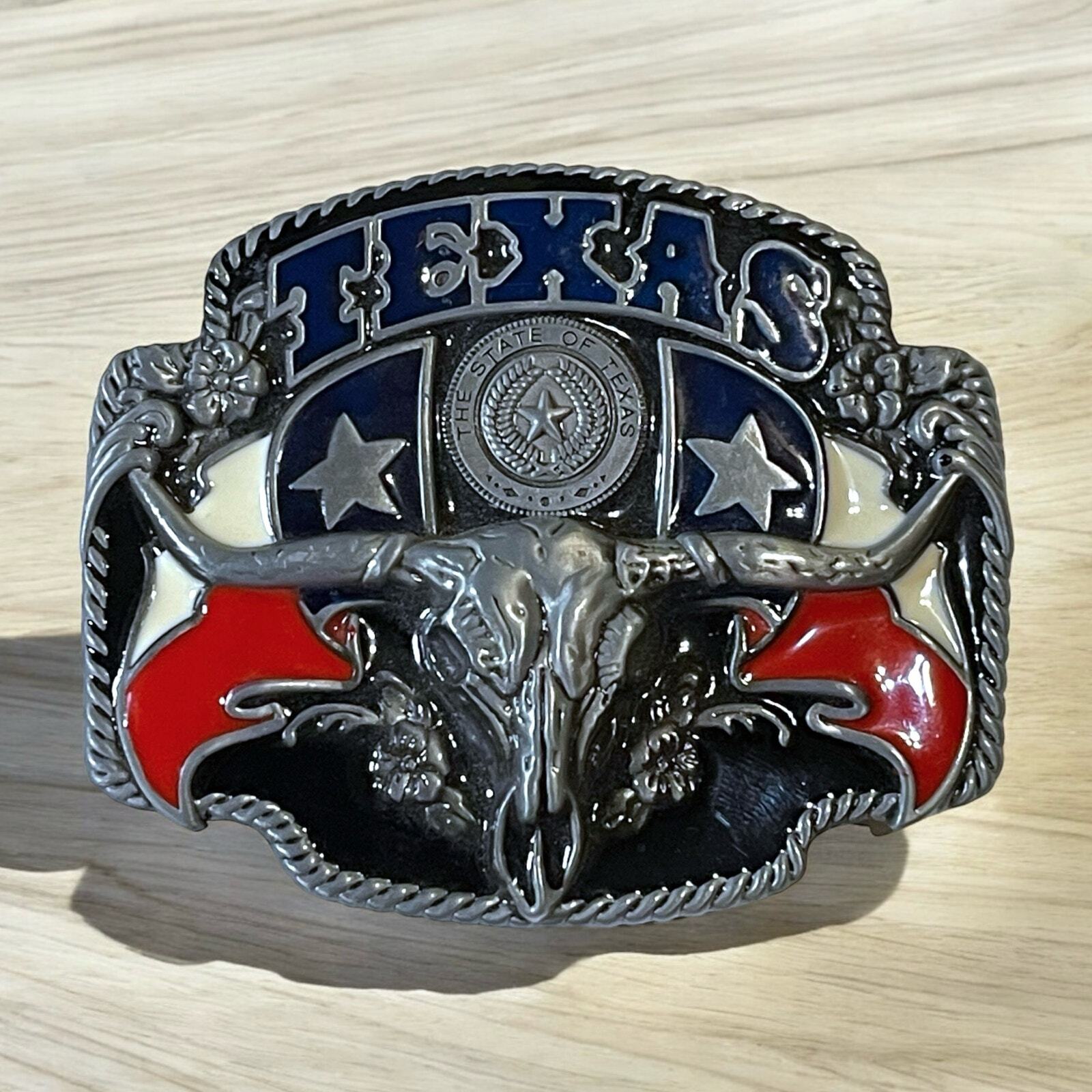 Western Texas Longhorn Skull Silver Tone Belt Buckle Enamel Cowboy Cowgirl