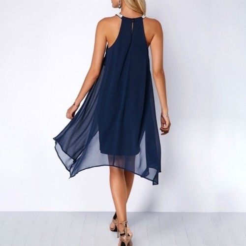Womens Chiffon Halter Neck Mini Dress Ladies Evening Cocktail Party Gown Size 16 - Picture 5 of 22