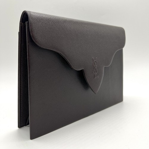 Yves Saint Laurent Brown Saffiano Leather Clutch Bag YSL Authentic #797 - Afbeelding 3 van 21