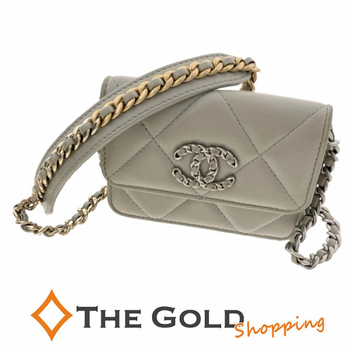 CHANEL 19 Flap Mini Chain Wallet 12cm Leather Gray Shoulder Bag