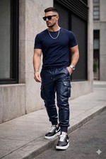 Navy Blue Men's Genuine Lambskin Real Leather Lined Stylish Cargo Joggers Pant