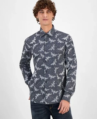 HUGO Ermo Butterfly Patterned Shirt Men's L Black Button Closure Long Sleeves~