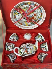 Vintage Porcelain Miniature Chinese 9 Piece Tea Set in Brocade Box