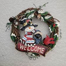 Snowman "Welcome" Christmas Wreath Decor With Pinecones  Holly Winter Holiday
