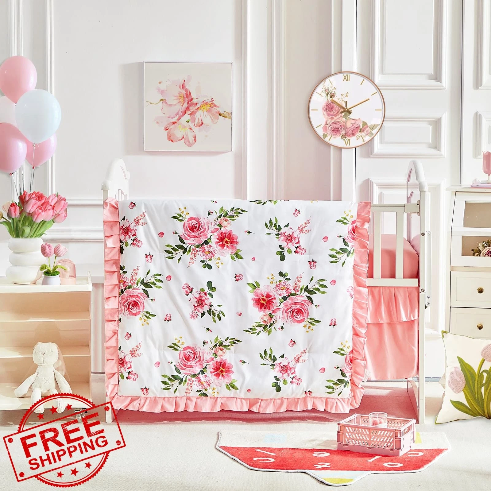 UOZZI BEDDING Pink 3 Pieces Crib Bedding Set