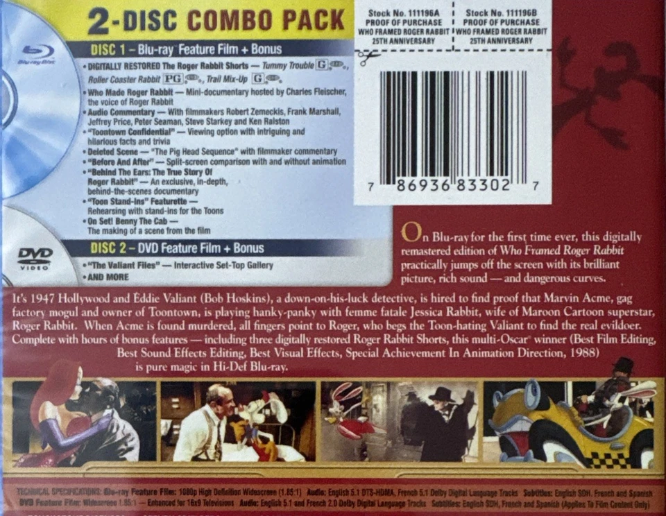 Who Framed Roger Rabbit Blu-Ray + DVD 25th Anniversary Slipcover Bob Hoskins New - Image 2 of 4