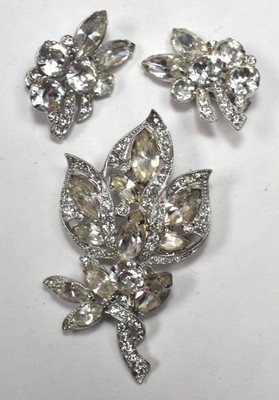 Vintage Eisenberg Ice 3 PIece Set Leaf Brooch & Clip On Earrings 7151 Jewelry