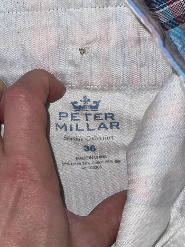 Pantalones Cortos Peter Millar Para Hombre 36 Azul Rosa Madrás Colección Marítima Lino Seda Foto 2 de 4