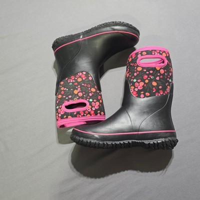 Bogs Grasp Cattail Boots Kids Size 6 Black Pink Floral Waterproof Winter 79020
