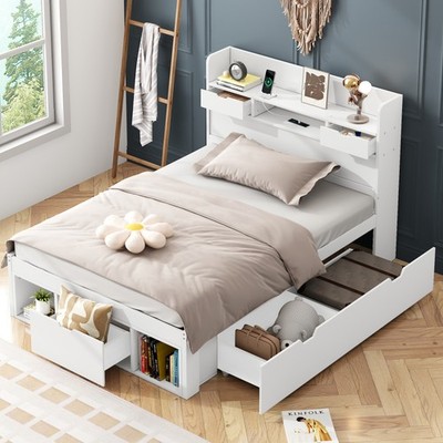 Kids Storage Bed w/ USB Port & Charging Outlets, Multifunctional Furniture