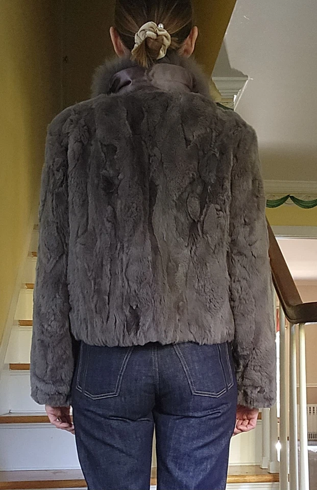 FRR Canada genuine rex rabbit fur jacket w/ fox collar, S, gray, hook & eye - Image 4 of 4