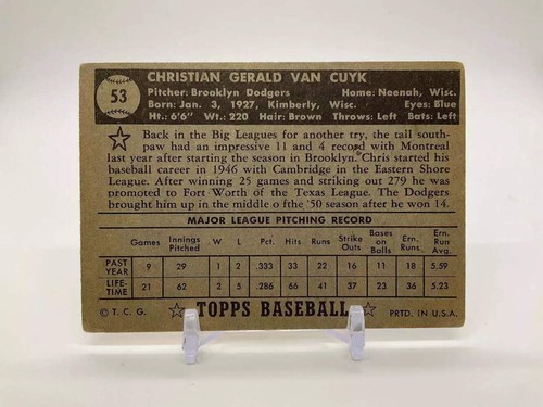 Chris Van Cuyk 1952 Topps RC #53 Brooklyn Dodgers VG - Picture 2 of 3