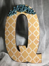 12″ Letter “ Q “ Yellow Blue Detail Shabby Chic Vintage Style NEW Alphabet