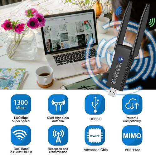 1300Mbps WIFI Adapter WLAN USB 3.0 Stick 5GHz Dual Anten* Dongle Band H3T7 - Picture 9 of 17