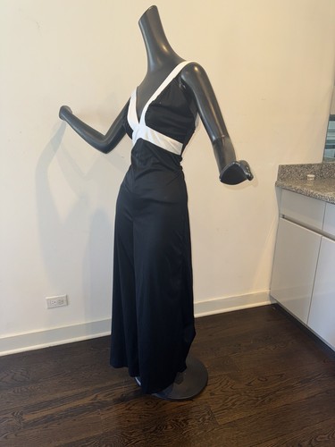 Vtg 70s Sz L Jumpsuit Disco Dress Black White Polyester Bell bottoms NOS Halter - Picture 5 of 10