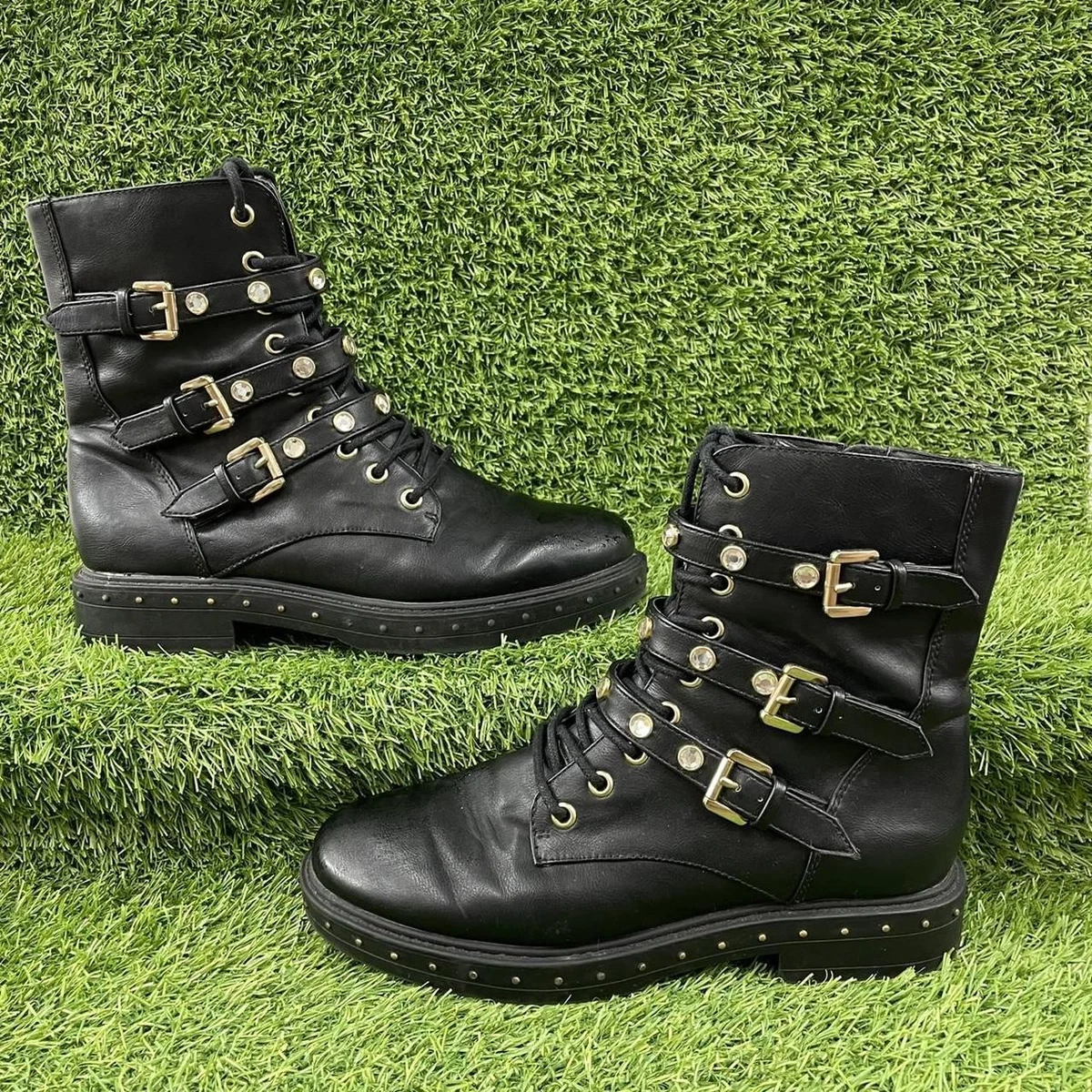 MISSGUIDED BLACK BIKER BOOTS GOLD BUCKLE STOMPER LACE UP MID CALF CHUNKY Y2K