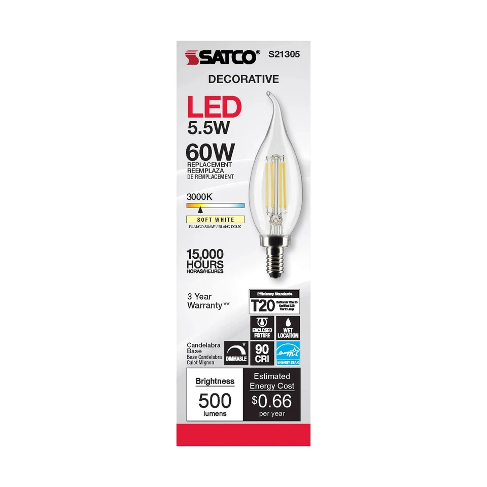 Satco S21305 - 5.5 Watt CA10 LED E12 Clear Bulbs - 3000K (2, 6 or 24 Pack) - Image 2 of 4