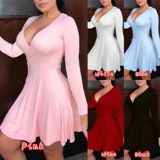 Sexy Women Mini Dress Long Sleeve Deep V-Neck Bodycon Swing Party Skater Dress