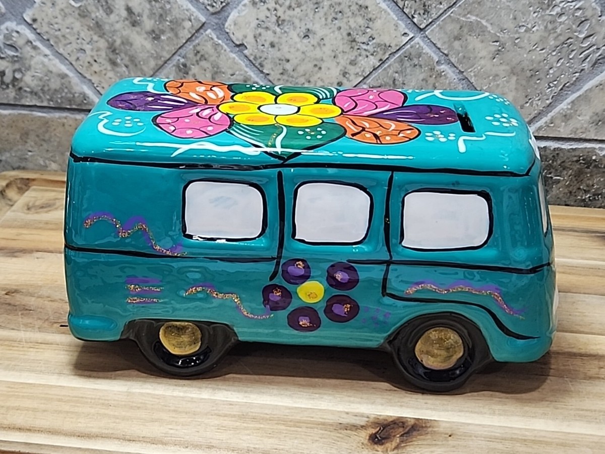 VW Cancun Ceramic Groovy 70's Theme Van Bus Flowers Hippy Van