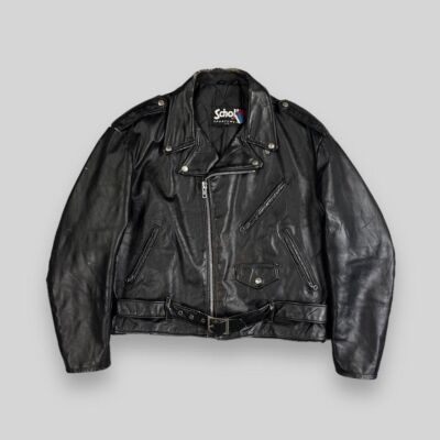 Vintage 80s Schott Sportswear Leather Biker Jacket Black 48 Large