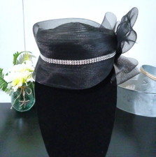 G.M.I. Woman's Black Church Hat With Large Bow And Cubic Zirconia Stones Size 7