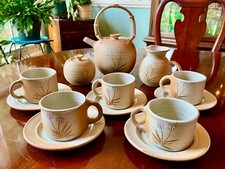 Pottery Tea Set Hand Thrown 15 Pieces Flower Design Artist Signed
